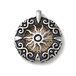 Antique Silver & Golden Ion Plating(IP) 304 Stainless Steel Pendants, Flat Round with Hollow Sun & Vegvisir, Antique Silver & Golden, 39x34.5x7mm, Hole: 4x4mm