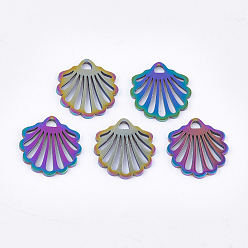 Rainbow Color Ion Plating(IP) 304 Stainless Steel Charms, Shell, Rainbow Color, 14x13x1mm, Hole: 1.5mm
