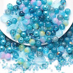 Sky Blue Glass Beads, Round & Starfish & Fish & Rondelle, Mixed Style, Sky Blue, 2~14x2~10x1~8.5mm, Hole: 0.8~1.5mm