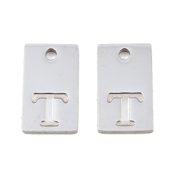Letter T 304 Stainless Steel Pendants, Rectangle with Letter Charms, Stainless Steel Color, Letter T, 16x10x1.4mm, Hole: 1.8mm