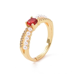 Red Real 18K Gold Plated Brass Micro Pave Cubic Zirconia Rings, Glass Rhinestone and Plastic Imitation Pearl Adjustable Rings for Women, Red, 2.5~5mm, Inner Diameter: US Size 7 1/4(17.5mm)