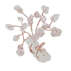 Rose Quartz Natural Rose Quartz Chips Tree of Life Decorations, with Nuggets Gemstone Base and Copper Wire Feng Shui Energy Stone Gift for Women Men Meditation, 50x18x45mm