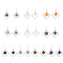 Смешанные камни Латунные серьги-подвески в форме ромба, с натуральным и синтетическим смешанным камнем, долговечный, платина, 60x40 мм
