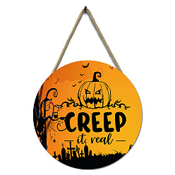 Pumpkin Halloween Wooden Wall Hanging Decoration, for Home Party Decoration, with Hemp Rope, Flat Round, Pumpkin, 300x5mm