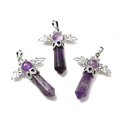 Amethyst Natural Amethyst Pendants, Angel Charms, with Rack Plating Platinum Tone Brass Findings, Cadmium Free & Lead Free, 52~53x37x11mm, Hole: 8x5mm