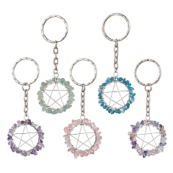 Mixed Stone Gemstone Pendants Keychain, with Iron Clasp Finding, Ring with Star, 85~90mm