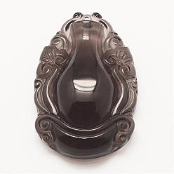 Obsidian Carved Natural Obsidian Pendants, Oval with Vase, 47x31x13mm, Hole: 1.5mm