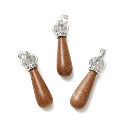 Goldstone Synthetic Goldstone Pendants, Teardrop Charms, with Brass Crystal Rhinestone Crown Findings, Platinum, Cadmium Free & Lead Free, 36~39x9.5~11mm, Hole: 5x8mm