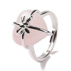 Розовый Кварц Сердце из натурального розового кварца с регулируемым кольцом с бантом, украшения из латунной проволоки для женщин, без кадмия и без свинца, платина, размер США 7 1/4~13 (17.5~22.3 мм)