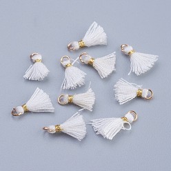 White Nylon Tassels Pendant Decorations, Mini Tassel, with Golden Tone Iron Findings, White, 10.5~14.5x2.5~3mm, Hole: 2mm