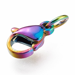 Rainbow Color Ion Plating(IP) 304 Stainless Steel Lobster Claw Clasps, With Jump Ring, Rainbow Color, 10x7x3mm, Hole: 3.2mm, Jump Ring: 5x0.6mm
