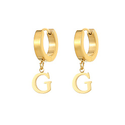 Golden Titanium Steel Hoop Earrings, Initial Letter G Drop Earrings, Golden, 21.2x9.6mm