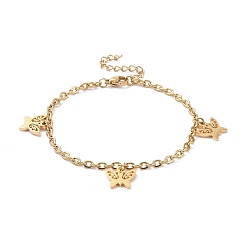 Golden 304 Stainless Steel Butterfly Charm Bracelet with Cable Chains for Women, Golden, 7-1/8 inch(18cm)