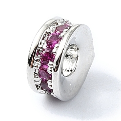 Medium Violet Red Rack Plating Brass Pave Cubic Zirconia Beads, Long-Lasting Plated, Lead Free & Cadmium Free, Real 18K Gold Plated, Flat Round, Medium Violet Red, 6x2.7mm, Hole: 2.2mm