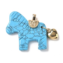 Синтетическая Бирюза Резные подвески из синтетической бирюзы, Подвески в виде лошади с латунным сердцем, золотые, 37.5~38.5x38.5~42x8~8.5 мм, отверстие : 5.5x3.5 мм