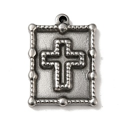 Antique Silver 304 Stainless Steel Pendants, Rectangle with Cross Pattern Charms, Antique Silver, 21x15x3mm, Hole: 1.2mm