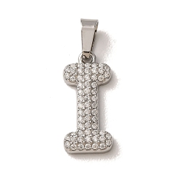 Letter I 304 Stainless Steel Micro Pave Clear Cubic Zirconia Pendants, Letter Charms, Stainless Steel Color, Letter I, 18x8x2.5mm, Hole: 6x2.5mm