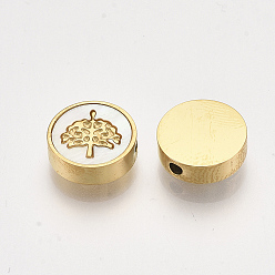 Golden 304 Stainless Steel Beads, with Shell, Flat Round with Tree of Life, Golden, 9.5~10x3mm, Hole: 1.5mm