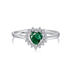 Dark Green Rhodium Plated 925 Sterling Silver Adjustable Rings, Birthstone Ring, with Cubic Zirconia Heart & 925 Stamp for Women, Real Platinum Plated, Dark Green, 1.6mm, US Size 7(17.3mm)