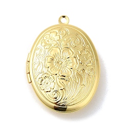 Real 18K Gold Plated Rack Plating Brass Locket Pendants, Photo Frame Charms for Necklaces, Long-Lasting Plated, Oval with Flower Charm, Real 18K Gold Plated, 33x24x7mm, Hole: 1.6mm, Inner Diameter: 23.5x17.5mm