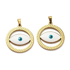 White Ion Plating(IP) 304 Stainless Steel Pendants, with Enamel, Flat Round with Evil Eye Charm, Golden, White, 28.5x25.5x3mm, Hole: 5x3.5mm