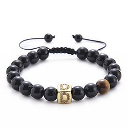 D-Black Agate Bracelet Square Gemstone Letter Bracelet with Natural Agate and Tiger Eye Beads - A to Z Alphabet Design