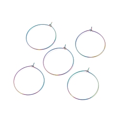 Rainbow Color Ion Plating(IP) 316 Surgical Stainless Steel Hoop Earrings Findings, Wine Glass Charms Findings, Rainbow Color, 34.5x30x0.7mm, 21 Gauge
