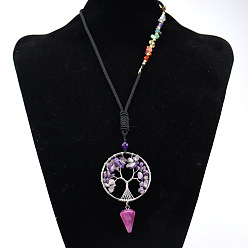 Amethyst Chakra Themed Natural Amethyst Chips Beaded Tree of Life Pendant Necklaces, Platinum Brass Wire Wrap Necklace with Mixed Stone Chips, 25.98 inch(66cm)