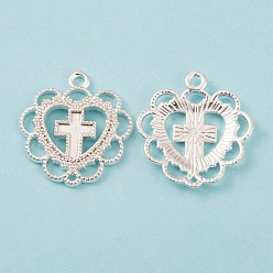 Silver Zinc Alloy Open Back Bezel Pendants, For DIY UV Resin, Epoxy Resin, Pressed Flower Jewelry, Heart with Cross, Silver Color Plated, 21x20x2mm, 100pcs/bag