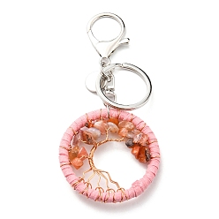 Red Agate Natural Red Agate Keychains, Flat Round with Tree of Life Charms, 5cm