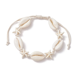 White Natural Shell & Synthetic Turquoise Starfish Braided Bead Bracelets, Braided Adjustable Bracelet, White, Inner Diameter: 2~3-1/2 inch(5~9cm)