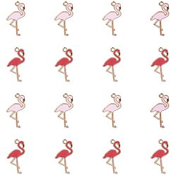 Light Gold Alloy Enamel Pendants, Flamingo Shape, Light Gold, 26x14x2~2.5mm, Hole: 1~1.6mm, 15pcs/color, 30pcs/box