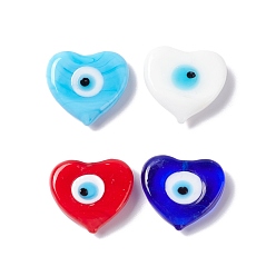 Mixed Color Handmade Evil Eye Lampwork Beads, Half Drilled, Heart, Mixed Color, 16~16.5x17.5~18x5.5~6mm, Hole: 1mm