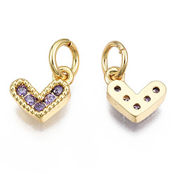 Mauve Brass Micro Pave Cubic Zirconia Charms, with Jump Ring, Heart, Real 16K Gold Plated, Nickel Free, Mauve, 8x8x2mm, Jump Ring: 5x1mm, 3mm inner diameter