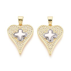 Настоящее золото 16K Подвески из латуни с микро-паве ко Дню святого Валентина, прозрачные циркониевые подвески, сердце с крестными прелестями, реальный 16 k позолоченный, 26x20.5x3.5 мм, отверстие : 6.5x4 мм