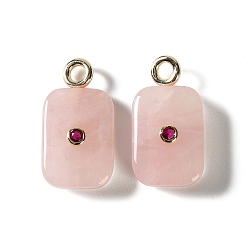 Rose Quartz Natural Rose Quartz Pendants, Rectangle Charms with Brass Micro Pave Cubic Zirconia Findings, Golden, 33.5x19.5x9.5mm, Hole: 3.5mm