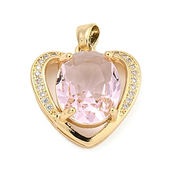 Pink Brass Micro Pave Clear Cubic Zirconia Pendants, with Glass, Heart, Pink, 17x17.2x7mm, Hole: 4x2.5mm