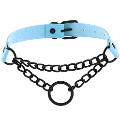 (dark circle) light blue Dark Punk Leather Collar Necklace with Round Rings and Chain for Street Style