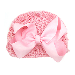 Pink Handmade Crochet Baby Beanie Costume Photography Props, with Grosgrain Bowknot, Pink, 180mm