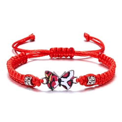 Red Butterfly Alloy Enamel Link Bracelet with Rhinestone, Braided Adjustable Bracelet, Red, Inner Diameter: 2-3/8 inch(6cm)