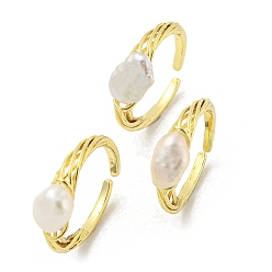 Real 14K Gold Plated Brass Open Cuff Rings with Natural Pearl, Real 14K Gold Plated, US Size 5 1/4(15.9mm)