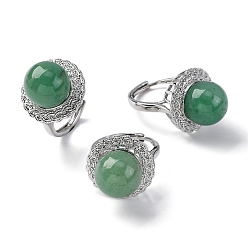 Зеленый Авантюрин Натуральный зеленый авантюрин круглые регулируемые кольца для пальцев, платиновое латунное кольцо, стойки покрытие, долговечный, круглый : 21 мм, внутренний диаметр: американский размер 8 1/2 (18.5 мм)