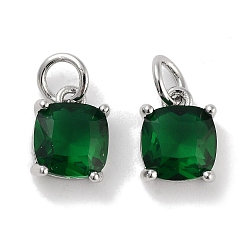 Green Brass Micro Pave Cubic Zirconia Charms, with Jump Ring, Suqare, Platinum, Green, 9.5x7x3.5mm, Hole: 2.5mm