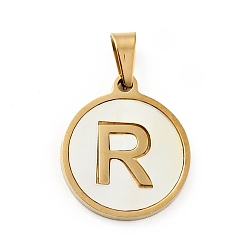 Letter R Vacuum Plating 304 Stainless Steel with White Shell Pendants, Golden, Flat Round with Letter Charm, Letter.R, 18x16x1.5mm, Hole: 3x6mm