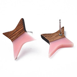 Pink Resin & Walnut Wood Stud Earrings, with 304 Stainless Steel Pin, Star, Pink, 21x17~18mm, Pin: 0.7mm
