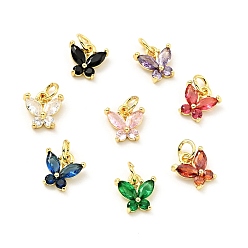 Mixed Color Rack Plating Brass Inlaid Cubic Zirconia Charms, with Jump Rings, Cadmium Free & Lead Free, Golden, Butterfly, Mixed Color, 10x10x3.5mm, Hole: 3.4mm