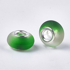 Green Resin European Beads, Large Hole Beads, with Silver Color Plated Brass Cores, Rubberized Style, Rondelle, Green, 14x8mm, Hole: 5mm