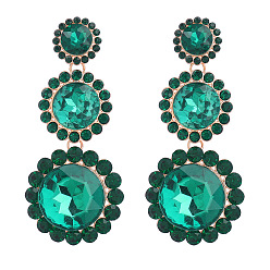 Emerald Sparkling Rhinestone & Glass Triple Flower Dangle Stud Earrings, Golden Alloy Long Tassel Drop Earrings for Women, Emerald, 84x36mm