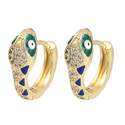 Синий Латунные микро проложить серьги обруча кубического циркония, без кадмия и без свинца, с эмалью, змея, реальный 18 k позолоченный, синие, 20x21x7.5 мм