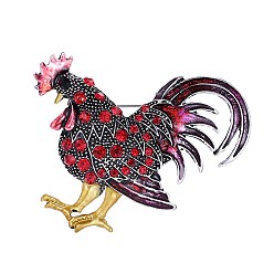 FireBrick Rhinestone Rooster Brooch Pin, Chinese Zodiac Alloy Badge for Backpack Clothes, FireBrick, 65x50mm